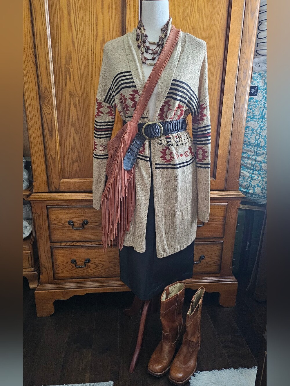 Maurices Southwestern Aztec Long Cardigan M Fringe Pocket Western Boho